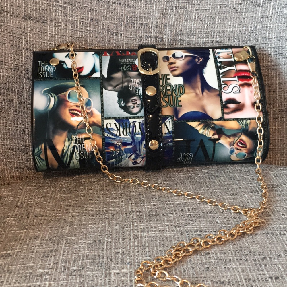 New! Fun print clutch with gold chain strap.